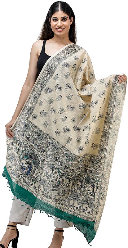 Handspun Cotton Dupatta from Jharkhand with Printed Madhubani Marriage Procession
