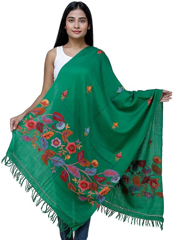 Traditional Woolen Stole from Kashmir with Hand-Embroidered Flowers