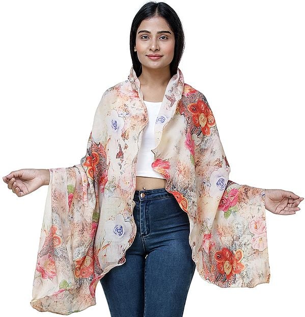 Rosewater Digitally Printed Shawl with Multi-Colored Flowers