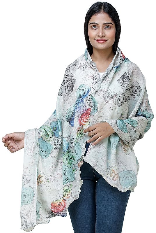 Hushed-Green Digitally Printed Shawl from Amritsar with Multi-Colored Flowers