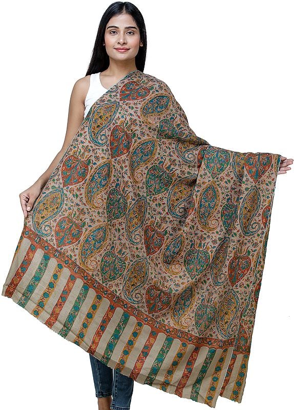 Dune-Brown Kani Pashmina Shawl From Kashmir with Kalamkari Hand Embroidery