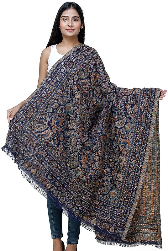 Insignia-Blue Kani Shawl from Amritsar with Multi-Color Flowers and Paisleys