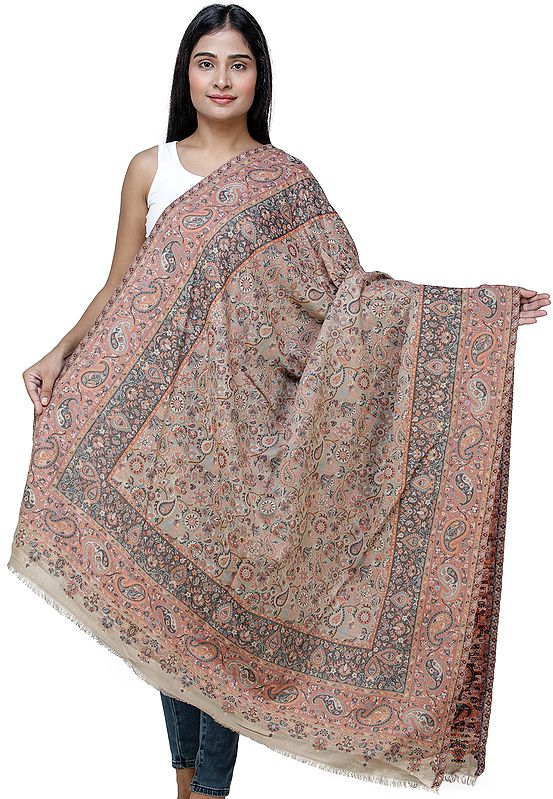 Incense-Brown Kani Shawl from Amritsar with Multi-Color Flowers and Paisleys