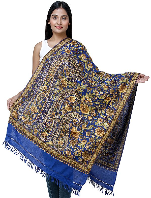 Lapis-Blue Traditional Woolen Stole from Kashmir with Hand-Embroidered Paisleys and Flowers