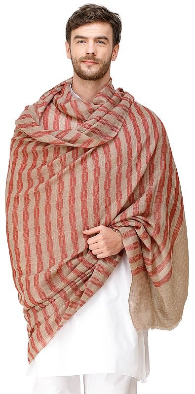 Urban-Red and Light-Taupe Men's Cashmere Shawl from Amritsar with Woven Checks and Stripes