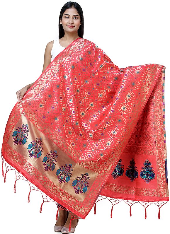 Brocade Dupatta from Gujarat with Birds and Geometric Motifs All-Over