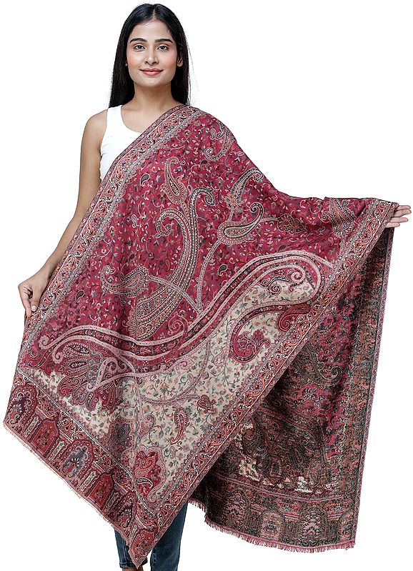 Authentic Woolen Jamawar Stole with Woven Paisleys and Floral Motifs | Expertly Crafted in Amritsar