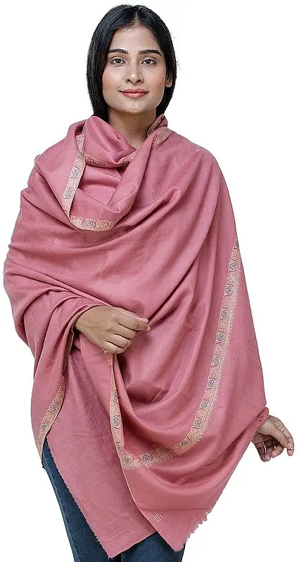 Blush-Pink Pashmina Shawl From Kashmir with Needle Hand Embroidery