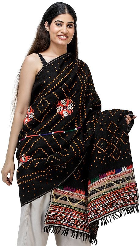 Caviar-Black Bandhani Tie-Dye Antiquated Shawl from Kutch with Rabari Embroidery and Mirror Work
