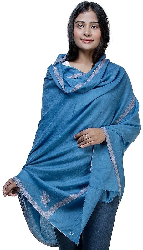 Blue-Jasper Pashmina Shawl From Kashmir with Needle Hand Embroidery
