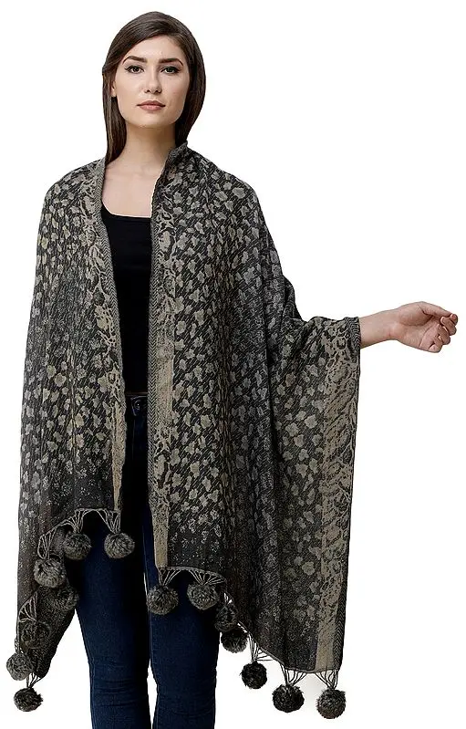 Lava-Gray Jamawar Stole from Amritsar with Faux-Fur Tassels