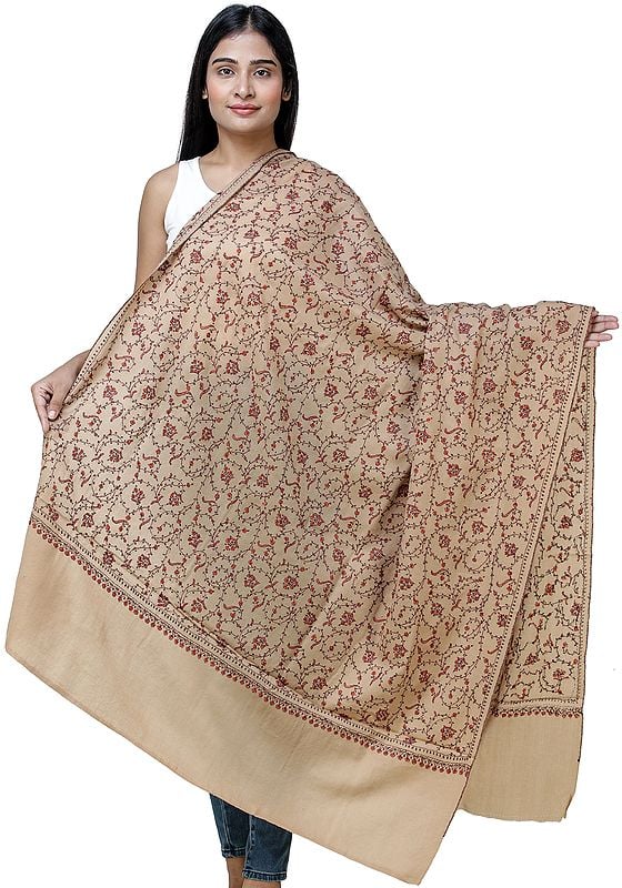 Latte-Brown Tusha Shawl From Kashmir with Sozni Hand Embroidery