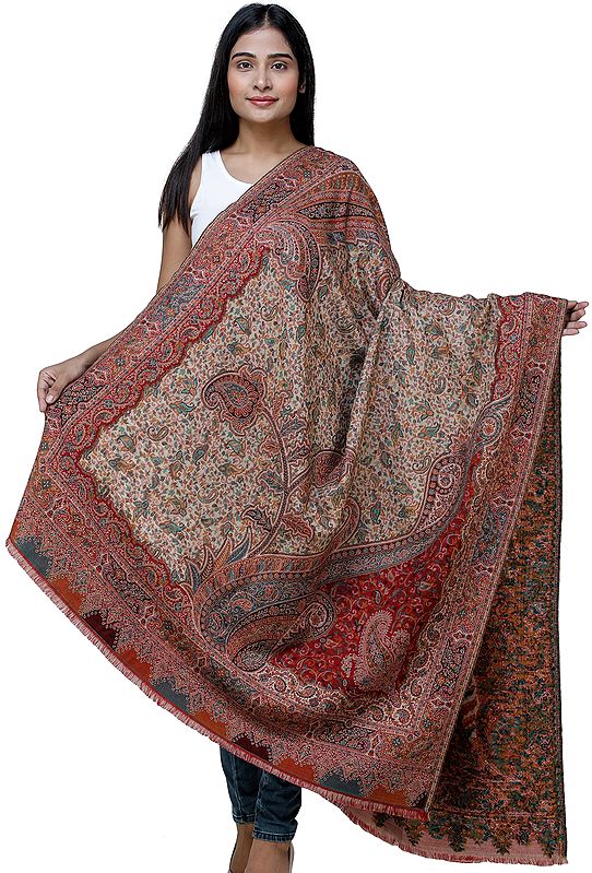 Rythmic-Red Kani Jamawar Shawl from Amritsar with Multicolor Floral Vines