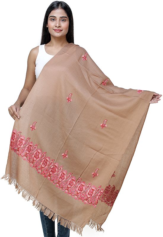 Sirocco-Brown Aari Woolen Stole from Kashmir with Hand-Embroidered Flowers