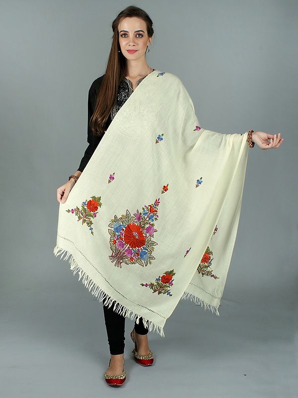 Stole from Kashmir with Hand-Embroidered Floral Vine