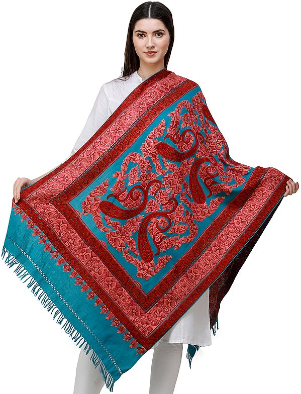 Caribbean-Blue Traditional Woolen Stole from Kashmir with Hand-Embroidered Paisleys and Flowers