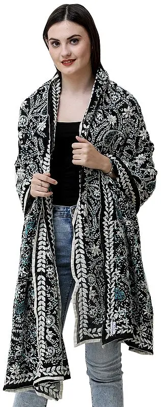 Jet-Black Phulkari Dupatta from Punjab with Floral Embroidery All-Over