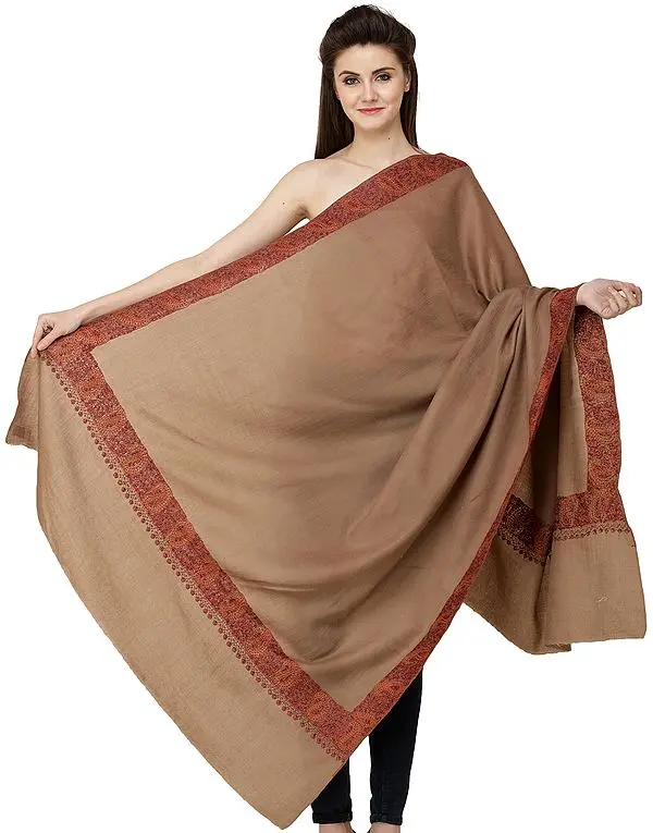 Toffee-Brown Plain Tusha Shawl from Kashmir with Needle Embroidery by Hand on Border