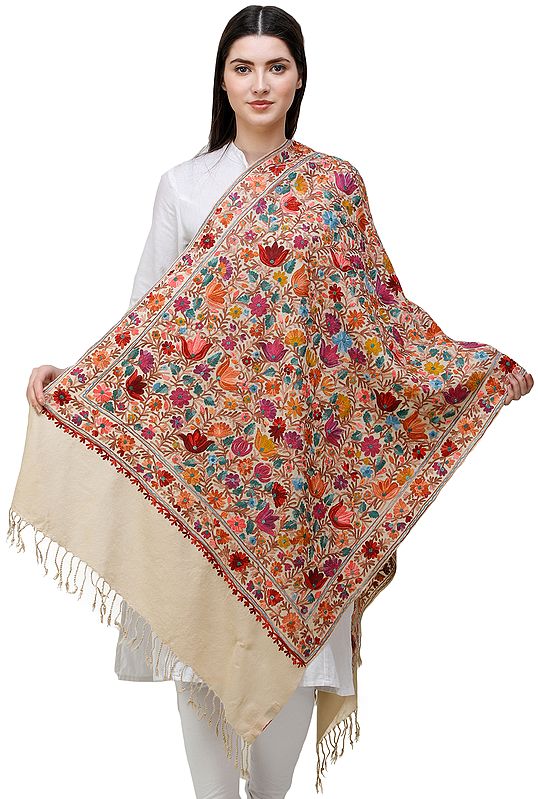 Traditional Woolen Stole from Amritsar with Aari-Embroidered Flowers