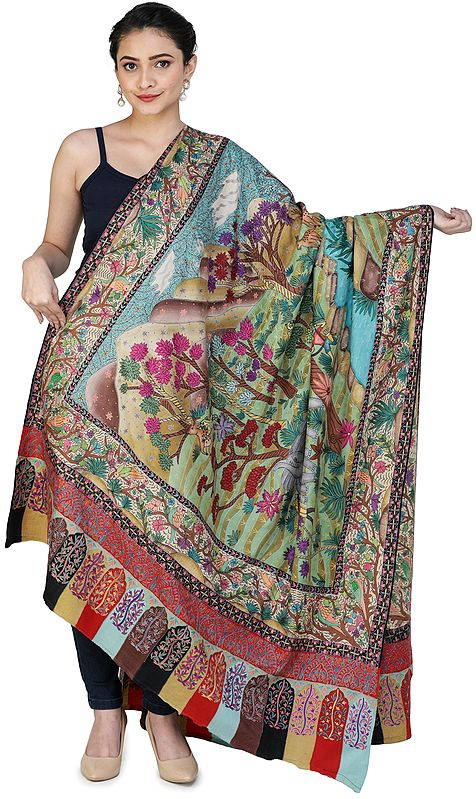 Superfine Pure Pashmina Shawl from Kashmir with Kalamkari Hand-Embroidery Depicting a Hunting Sene | Takes around 1 year to complete | Handwoven