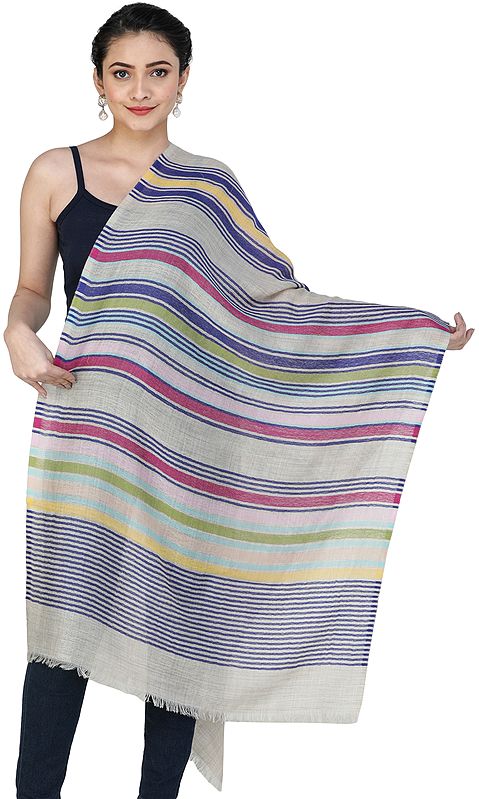 Pure Wool Stole with Woven Stripes in Multicolor Thread
