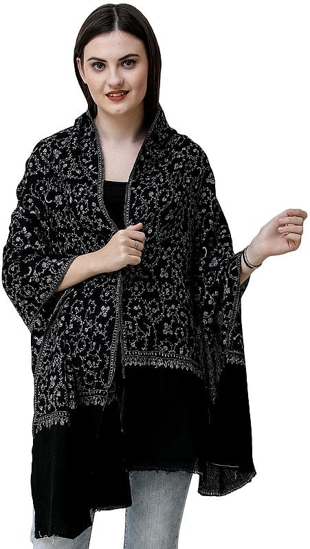 Jet-Black Cashmere Stole from Kashmir with Sozni Hand-Embroidered Vines