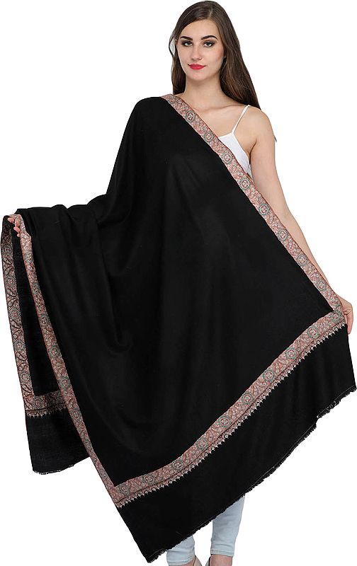 Caviar-Black Solid Pashmina Shawl from Kashmir with Needle Hand-Embroidery on Border