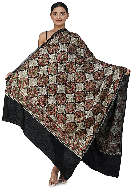 Phantom-Black Aari Embroidered Shawl from Amritsar with Multi-Colored Mandala Patterns
