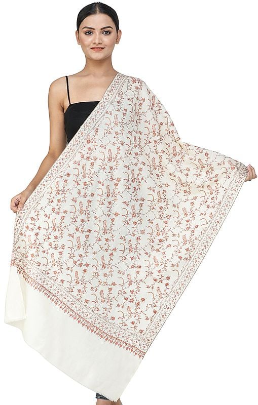 Papyrus-White Tusha Wool Stole from Kashmir with Sozni Hand-Embroidered Vines