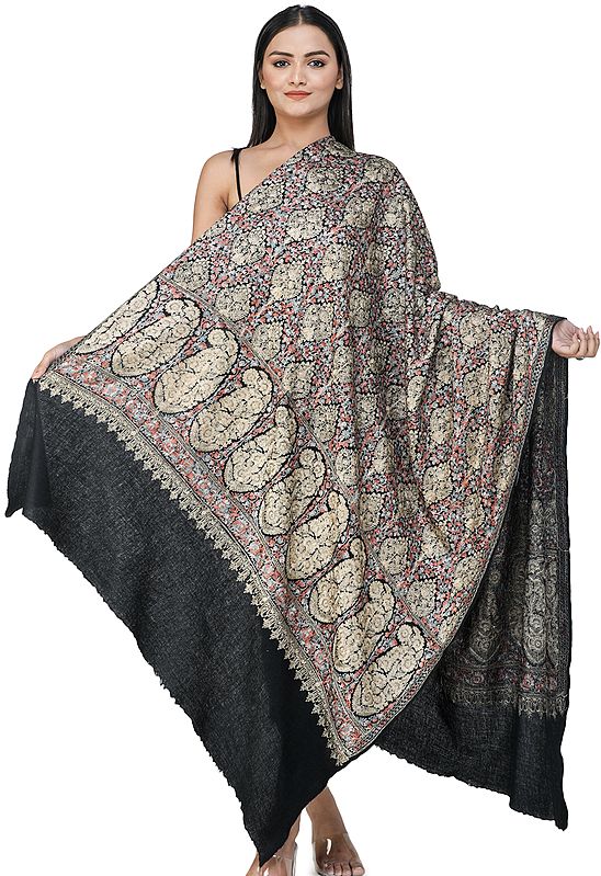 Caviar-Black Aari Embroidered Shawl from Amritsar with Multi-Colored Floral Patterns