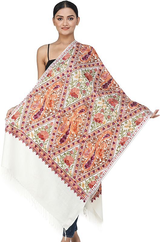 Stole from Kashmir with Aari Embroidered Paisleys and Flowers All-Over