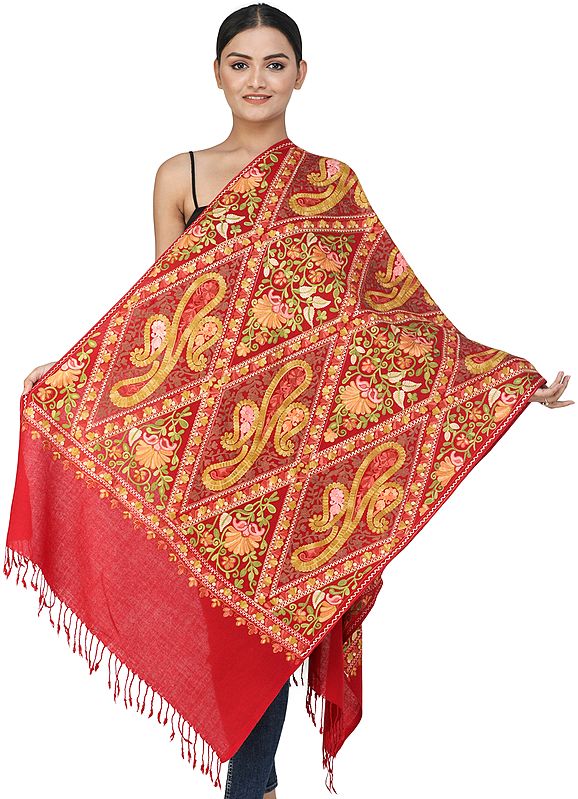 Stole from Kashmir with Aari Embroidered Paisleys and Flowers All-Over