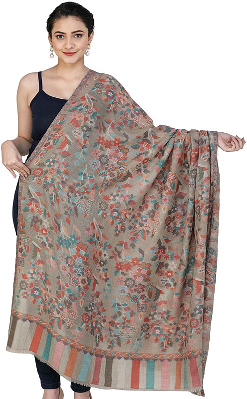 Simply-Taupe Kani Jamawar Shawl from Amritsar with Multicolor Floral Vines