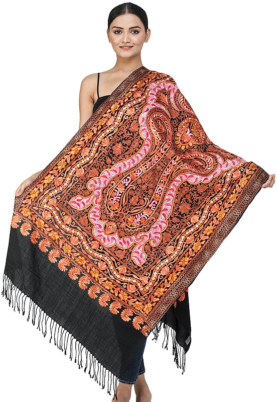 Black-Onyx Stole from Kashmir with Aari Embroidered Floral Vines