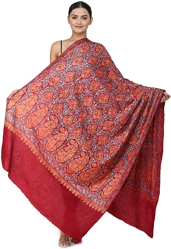 Red-Dahlia Aari Embroidered Shawl from Amritsar with Mulicolored Floral Vines