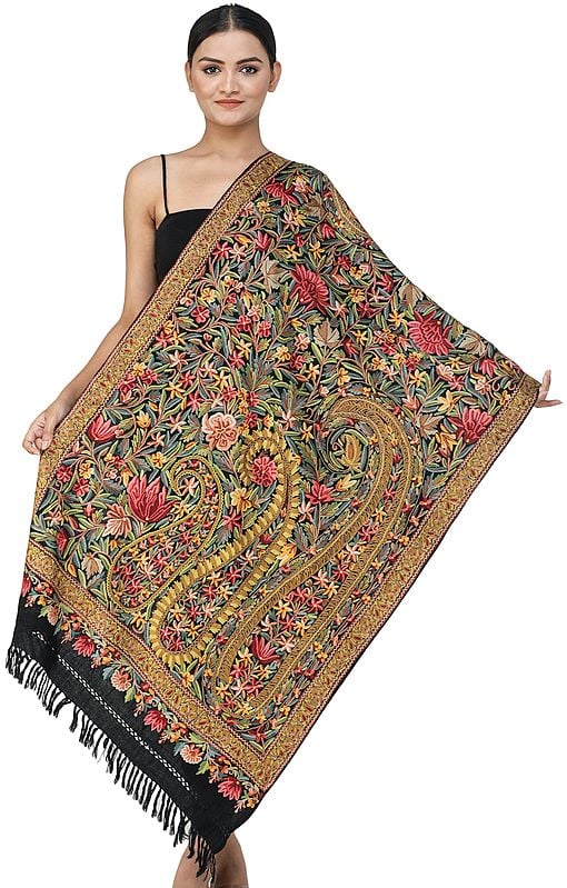 Phantom Black Traditional Woolen Stole from Kashmir with Aari Hand-Embroidered Paisleys and Flowers