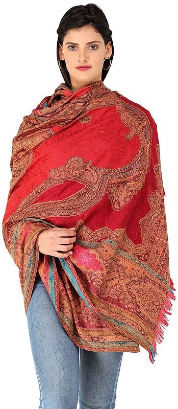 Jamawar Stole from Amritsar with Woven Paisleys in Multicolor Thread amd Aari embroidery