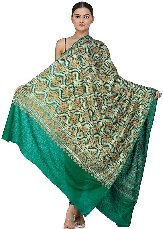 Ultramarine-Green Aari Embroidered Shawl from Amritsar with Gold Floral Vines