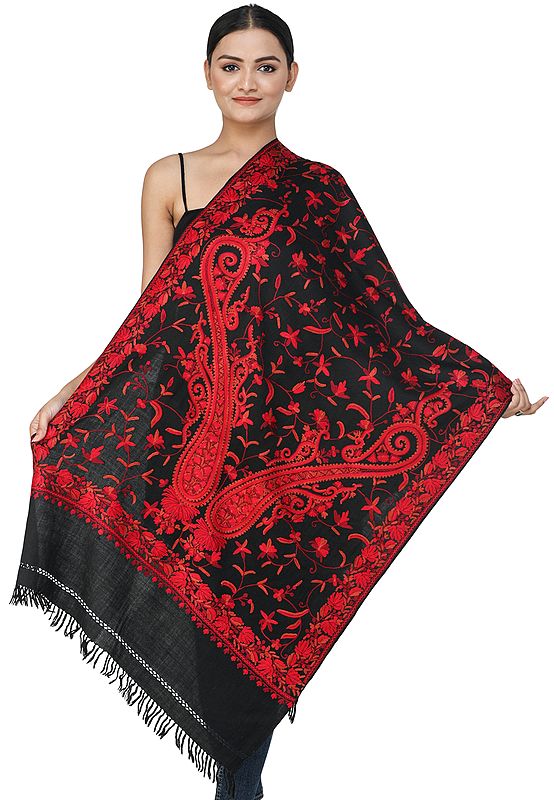 Jet-Black Woolen Stole from Kashmir with Aari Hand-Embroidered Red Paisleys and Chinar Leaves