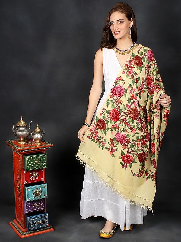 Woolen Stole from Kashmir with Aari Hand-Embroidered Floral Motifs
