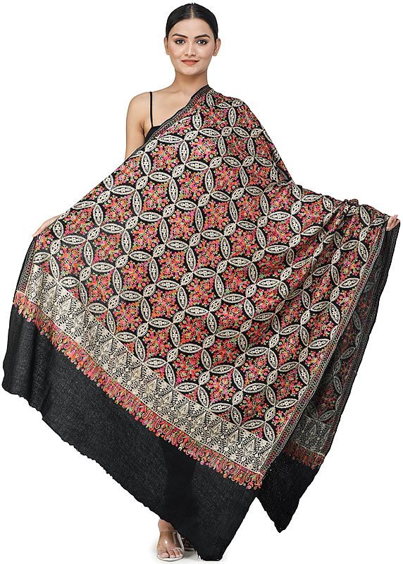 Meteorite-Black Aari Embroidered Shawl from Amritsar with Gold and Multicolor Floral Vines