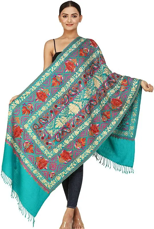 Tropical-Green Woolen Stole from Kashmir with Aari-Embroidered Lotus Flowers and Vines