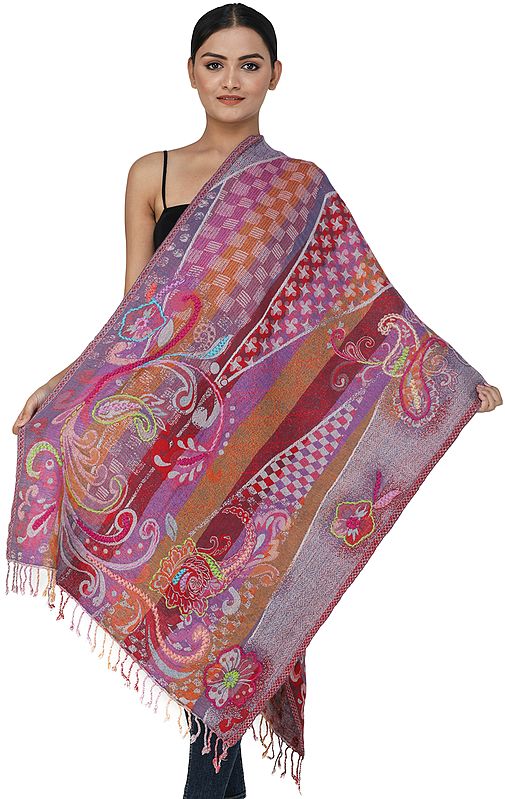 Multicolored Woolen Stole from Amritsar with Woven Paisleys and Aari Embroidery