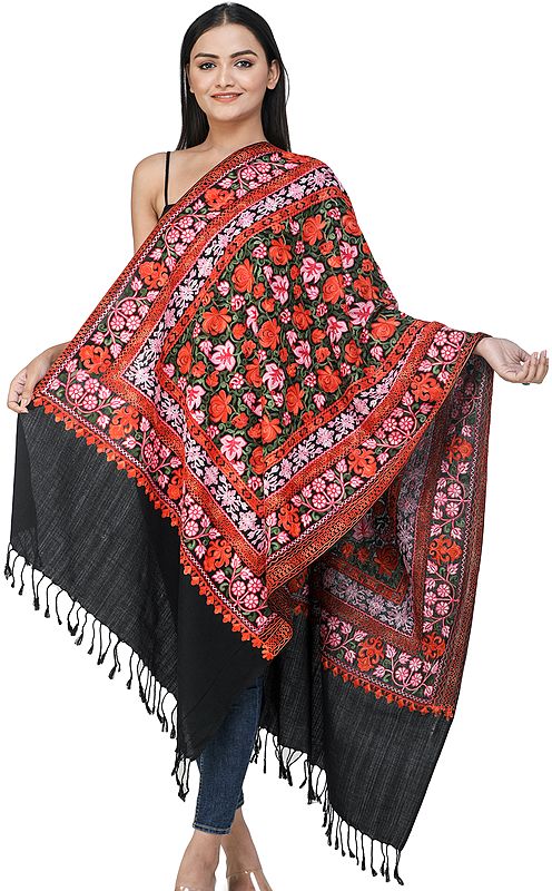 Black-Beauty Woolen Stole from Kashmir with Aari-Embroidered Chinar Leaves and Vines