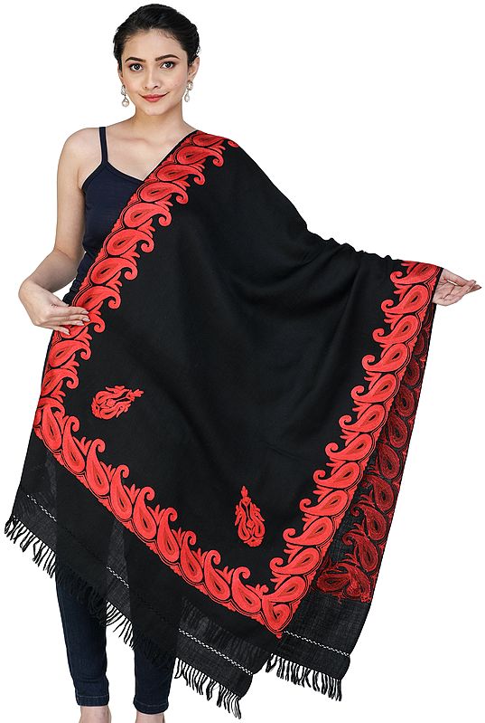 Woolen Shawl from Kashmir with Aari Hand-Embroidered Paisley on Border