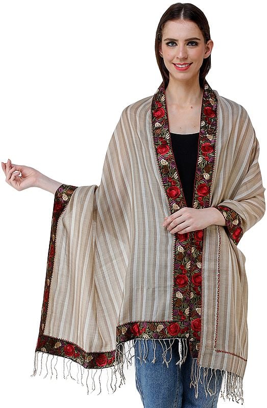Woolen Stole from Amritsar with Embroidered Patch Border and Woven Stripes