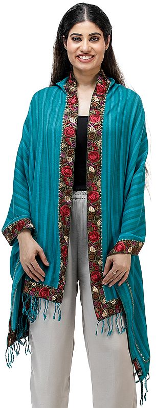 Woolen Stole from Amritsar with Embroidered Patch Border and Woven Stripes