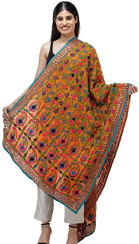 Peach-Caramel Phulkari Dupatta from Punjab with Floral Embroidery All-Over