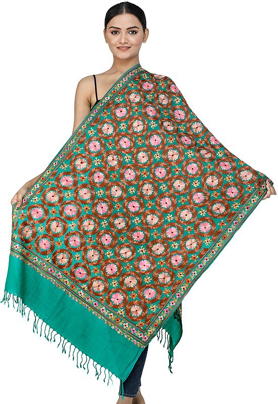 Proud-Peacock Woolen Stole from Kashmir with Aari-Embroidered Flowers