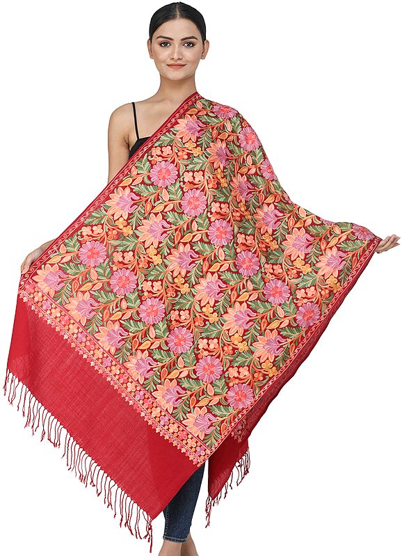 Winery-Red Woolen Stole from Kashmir with Aari-Embroidered Flowers and Vines